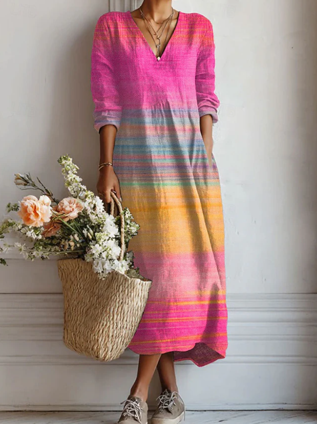 Marit™ comfort dress, pink rainbow striped V-neck midi, long sleeves