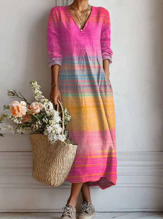 Marit™ comfort dress, pink rainbow striped V-neck midi, long sleeves
