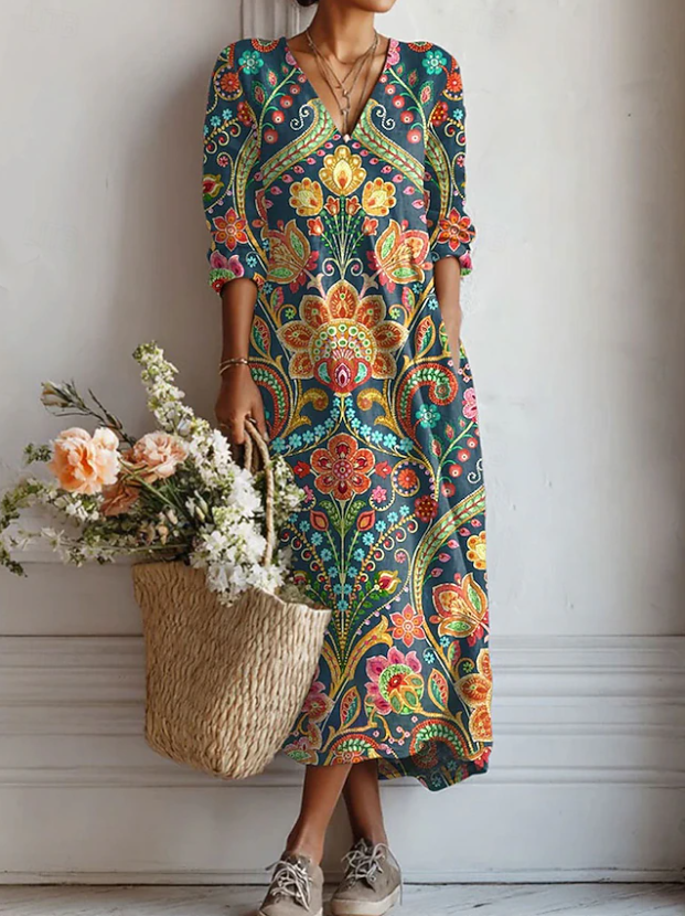 Everyday comfort dress with V-neck, long sleeves, and colorful paisley floral pattern