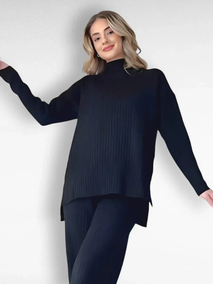 Ribbed knit sweater and wide-leg pants set, dark navy, mock neck and long sleeves