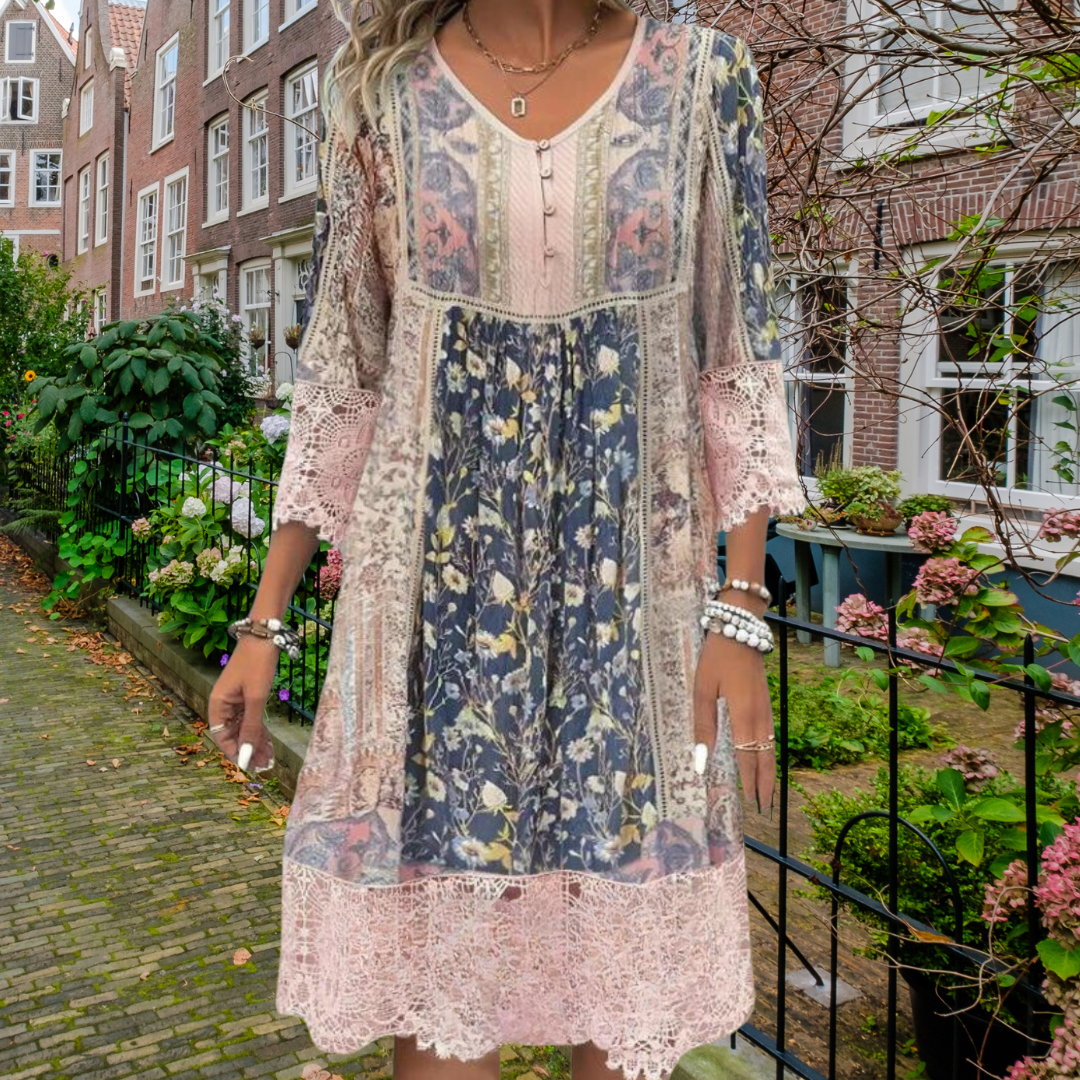 Pink boho midi dress with floral patchwork skirt, lace hem, V-neck button front