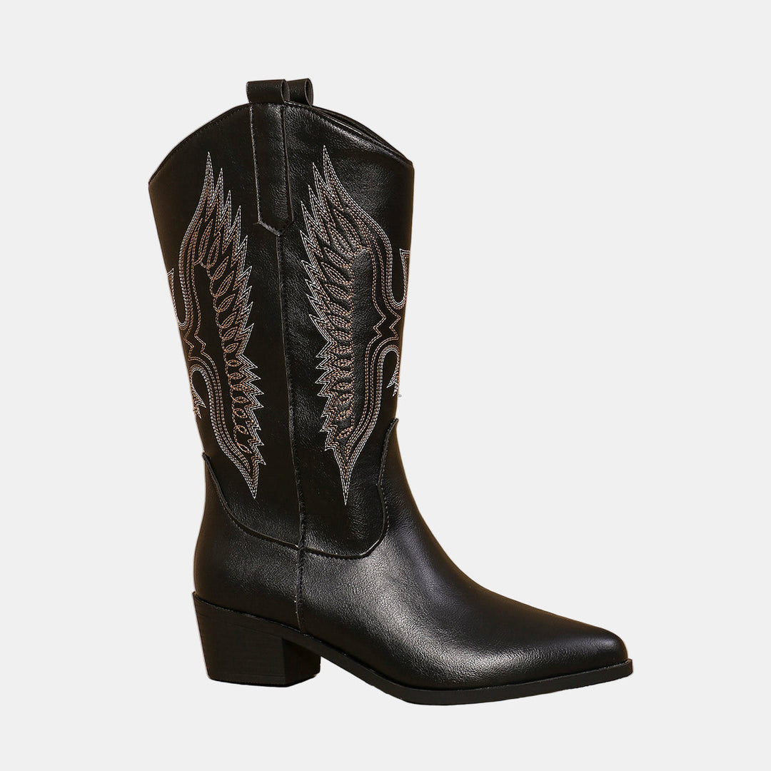 Black cowboy boots with western embroidery and block heel
