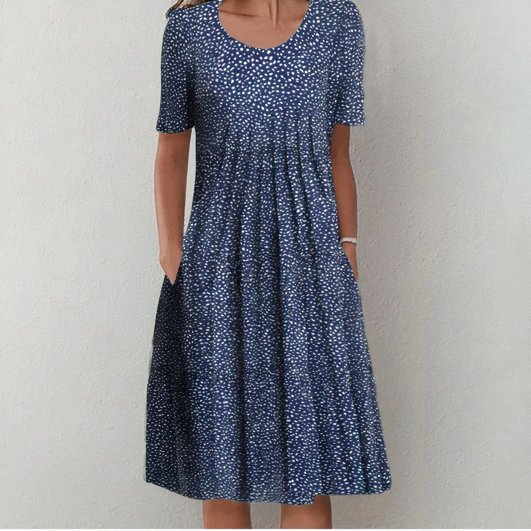 Navy speckled midi dress with scoop neck, short sleeves, and A-line skirt