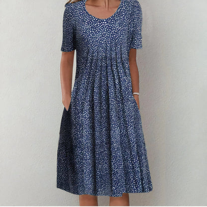 Navy speckled midi dress with scoop neck, short sleeves, and A-line skirt