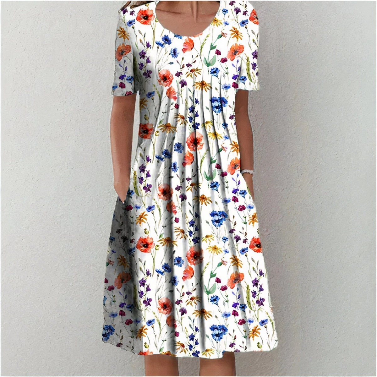 Floral midi dress with scoop neck, short sleeves, and A-line skirt in white