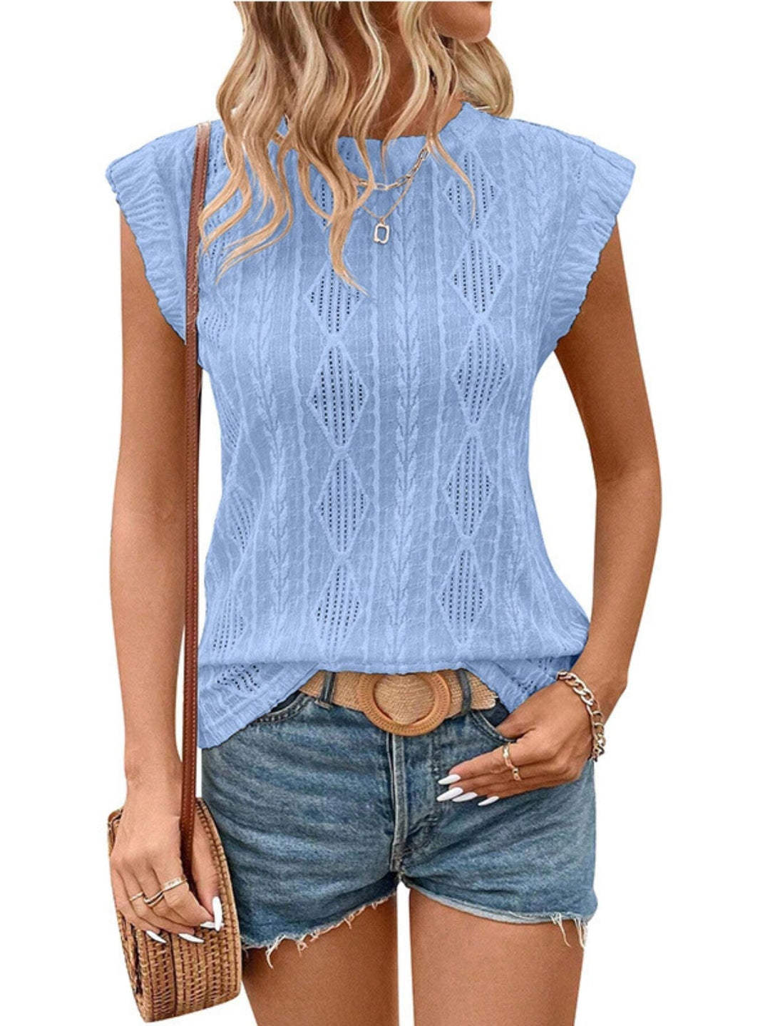 Light blue women’s lightweight knit tee with short sleeves and diamond-textured pattern