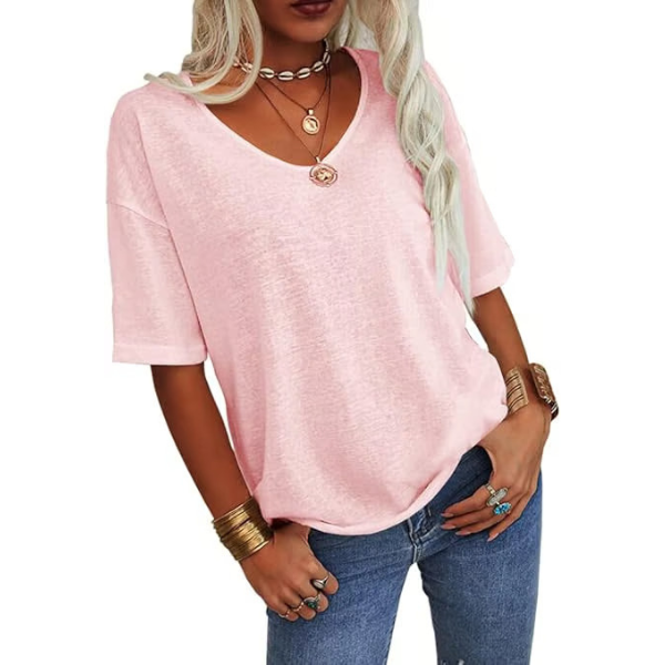 Loose lightweight minimalist T-shirt, light pink, short sleeves, scoop neck
