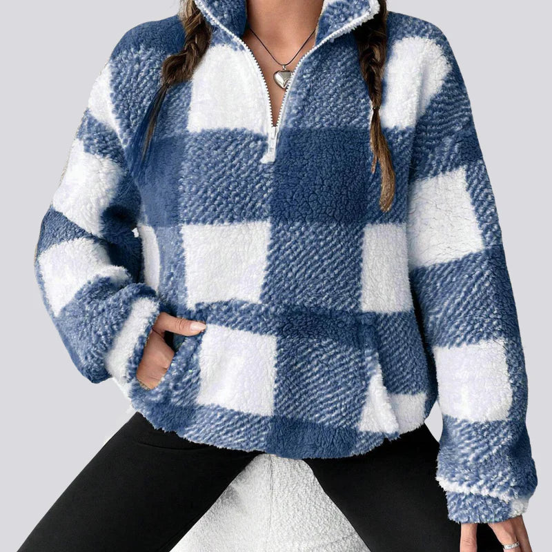 Plaid fleece pullover with half-zip neck, blue and white square block pattern