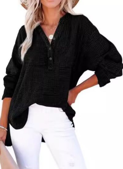 Women’s casual V-neck blouse, long sleeves, button-front, textured black fabric