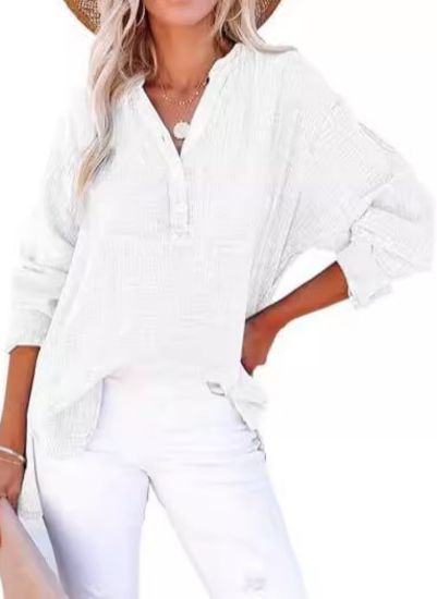 Women’s casual V-neck blouse, long sleeves, button-front, textured white fabric