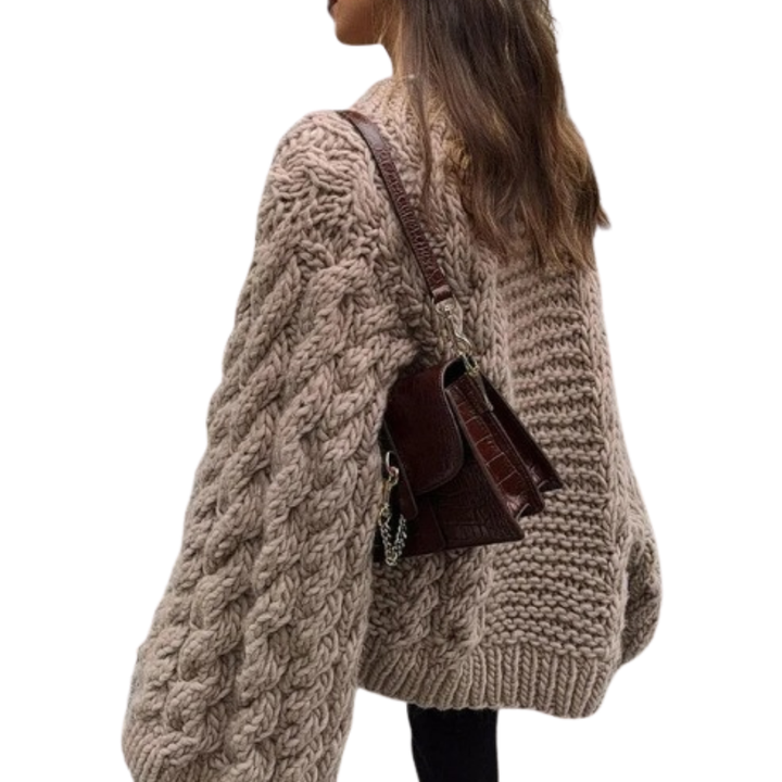 Light khaki chunky cable knit sweater, relaxed fit, long sleeves, ribbed hem