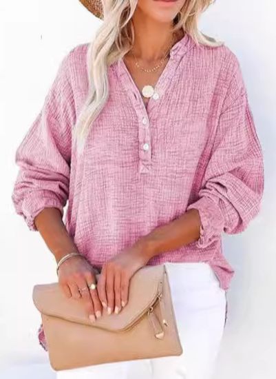 Women’s casual V-neck blouse, long sleeves, button-front, textured pink fabric