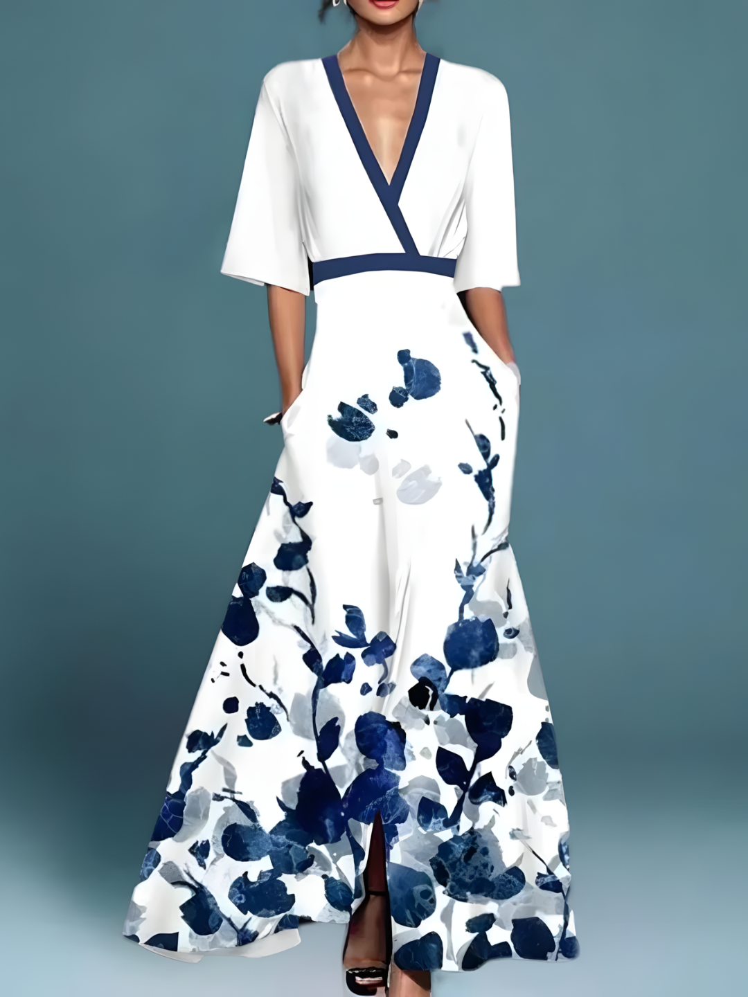 Floral maxi dress in white with navy abstract florals, V-neck, wrap waist, full skirt