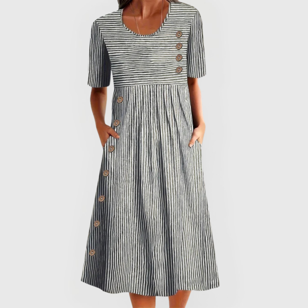 Dark striped midi dress, short sleeves, round neck, front button detail