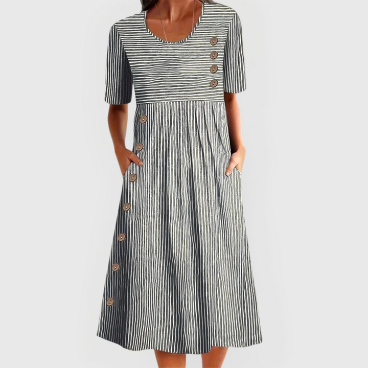 Dark striped midi dress, short sleeves, round neck, front button detail