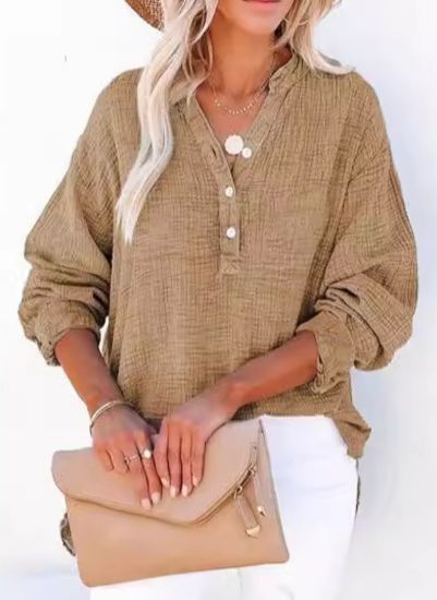 Women’s casual V-neck blouse, long sleeves, button-front, textured tan fabric