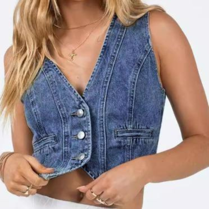 Women’s sleeveless light-blue denim crop top, buttoned V-neck with chest pocket detail