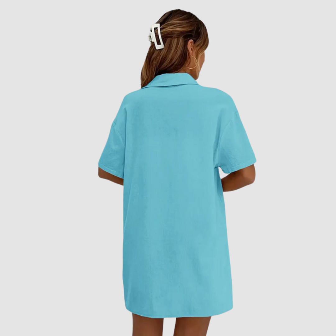 Two-piece summer set with button-up top and drawstring shorts, light blue