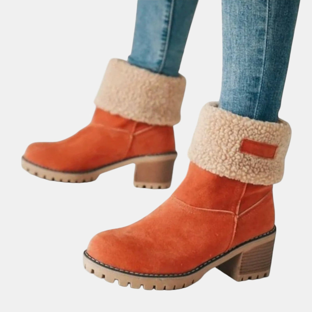 Orange suede casual boots with tan shearling cuff, side tab, block heel, treaded sole
