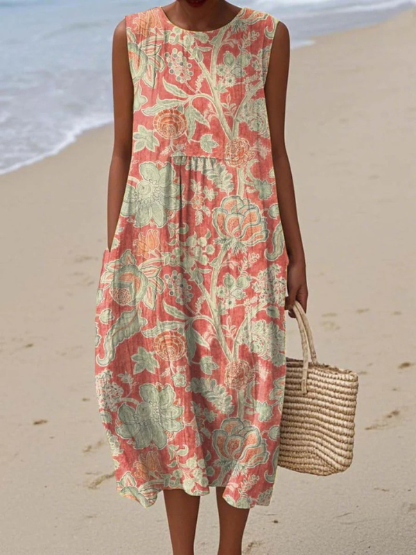Sleeveless floral midi dress with round neckline, coral and green multicolor pattern