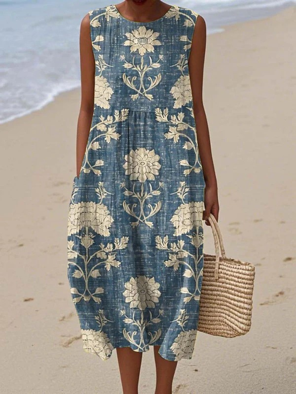 Sleeveless boho midi dress, blue with cream floral pattern and round neckline