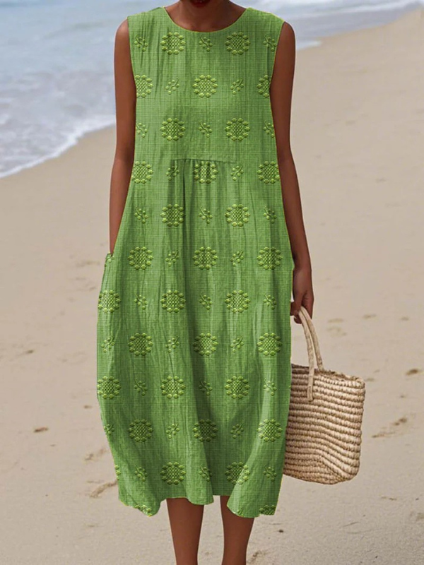 Embroidered midi dress, sleeveless, green with rose-style floral eyelet detail