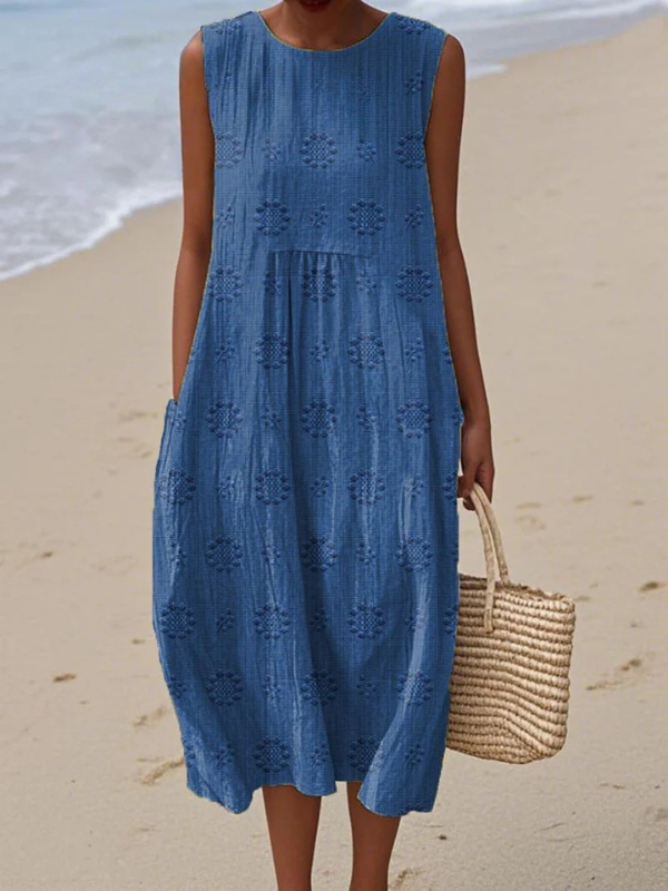 Embroidered midi dress, sleeveless, blue with rose-style floral eyelet detail