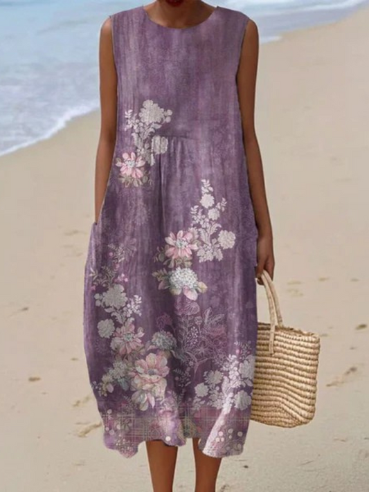 Floral midi dress in purple with sleeveless cut and pink-and-white flower print