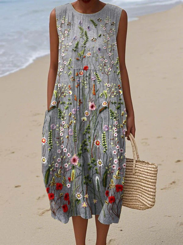 Sleeveless midi dress with multicolor wildflower print, round neckline