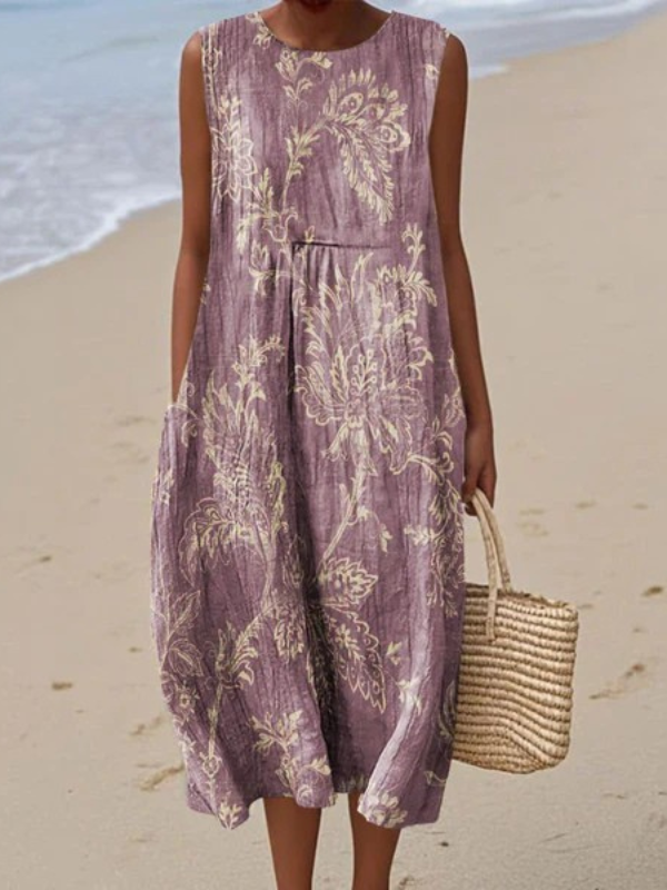 Purple floral sleeveless midi dress with gathered waist and tiered skirt