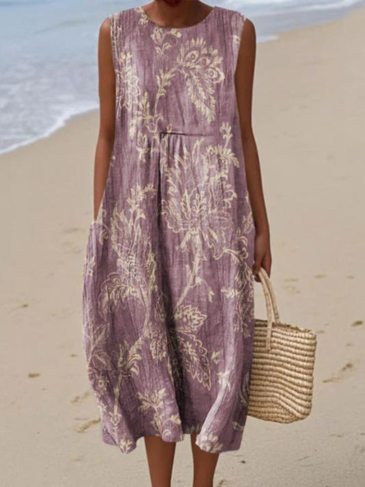 Purple floral sleeveless midi dress with gathered waist and tiered skirt