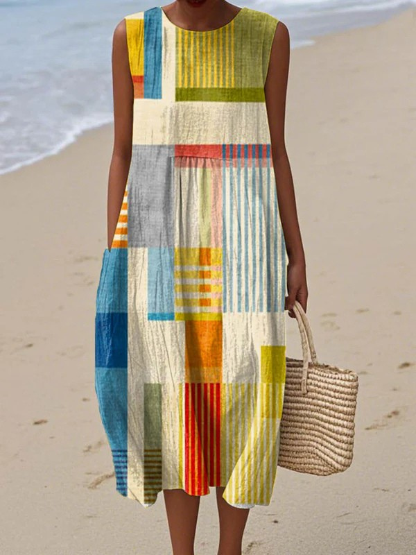 Geometric midi dress with sleeveless design and round neckline, multicolor block pattern