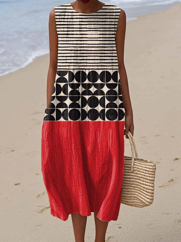 Sleeveless midi dress: striped bodice, black circle pattern, red skirt