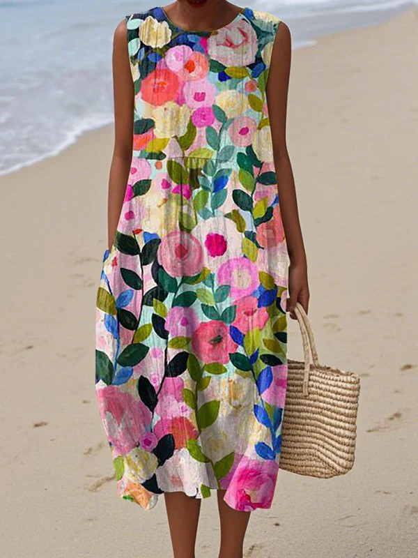 Sleeveless multicolor floral midi dress with round neckline and gathered skirt