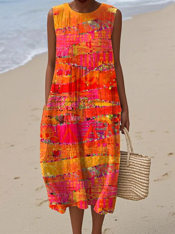 Multicolor sleeveless midi dress with abstract striped pattern and round neckline