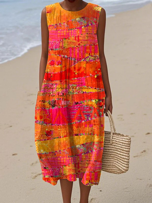 Multicolor sleeveless midi dress with abstract striped pattern and round neckline