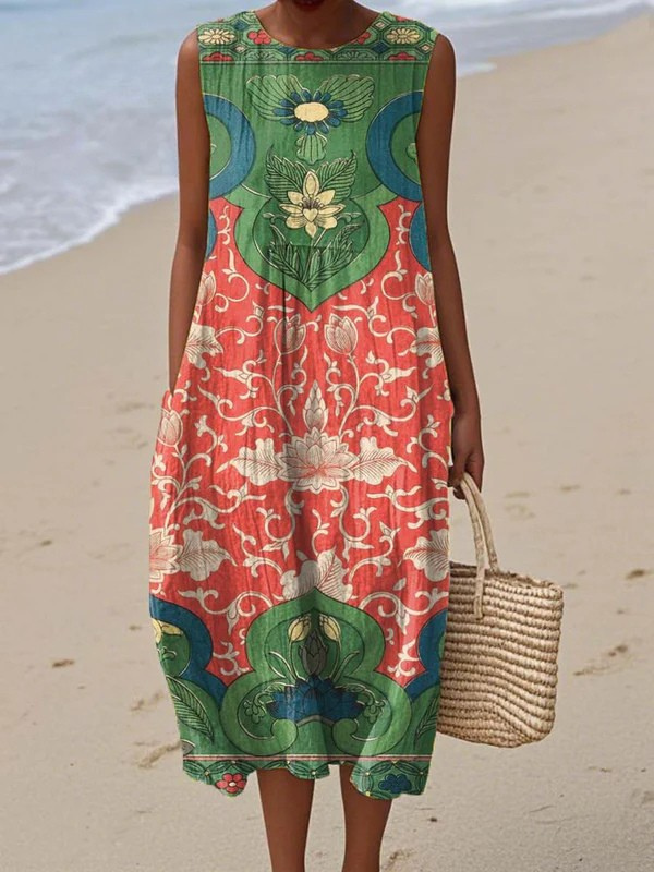 Multicolor bohemian midi dress with sleeveless floral print and round neckline