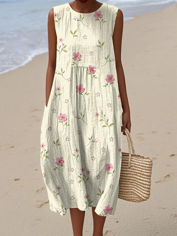 Sleeveless cream midi dress with pink and green floral print, gathered skirt