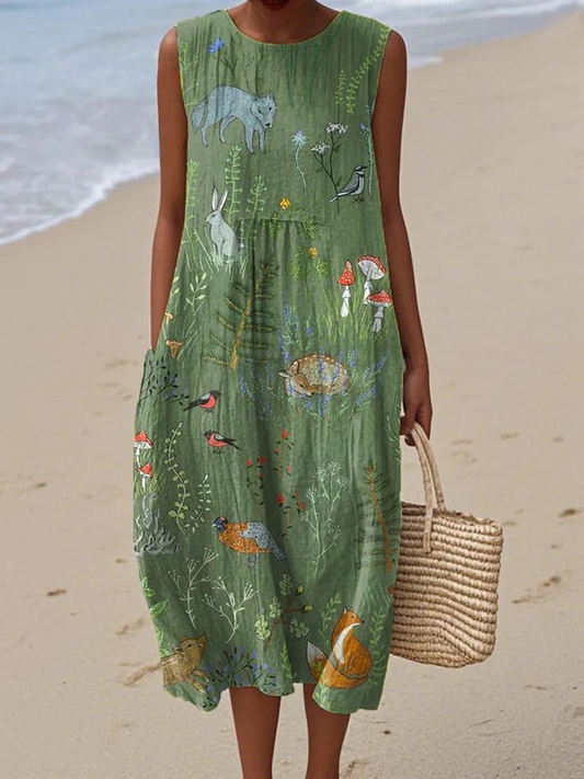 Green woodland midi dress, sleeveless, gathered waist, illustrated animal and flower print