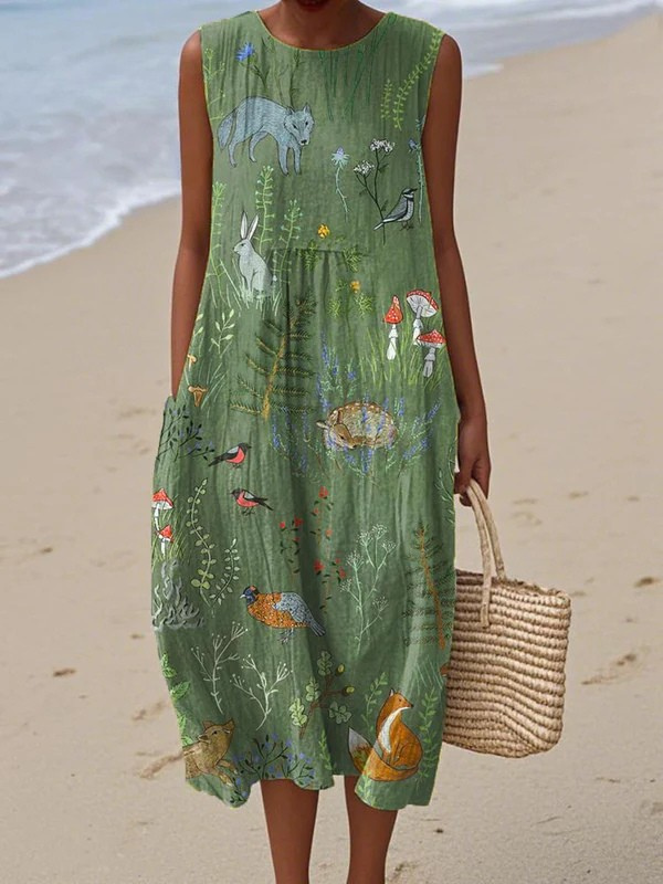 Green woodland midi dress, sleeveless, gathered waist, illustrated animal and flower print