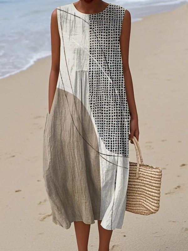 Sleeveless modern midi dress with monochrome abstract panel print and crew neck