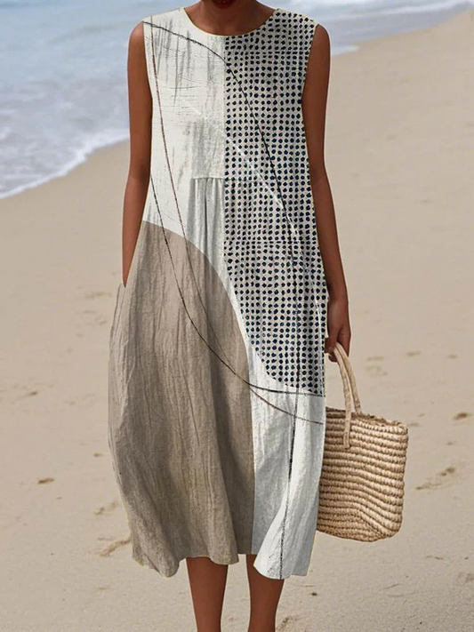 Sleeveless modern midi dress with monochrome abstract panel print and crew neck