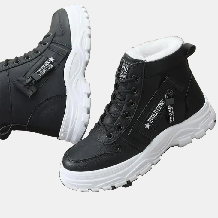 Black lace-up snow boots with faux-fur collar and chunky rubber sole