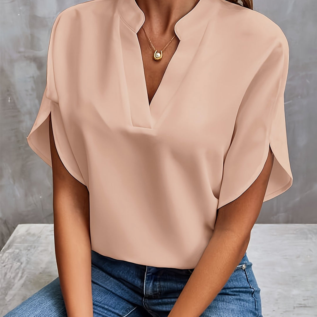 Apricot women’s luxe flared top with V-neck and draped short sleeves