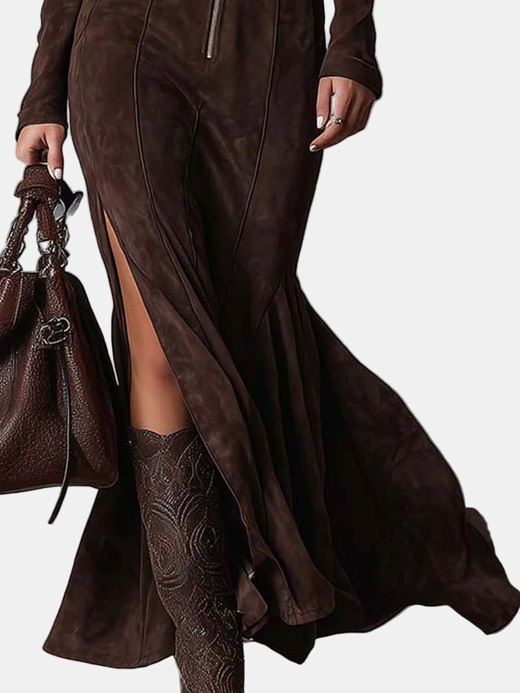 Brown suede maxi dress with diagonal panel and front slit