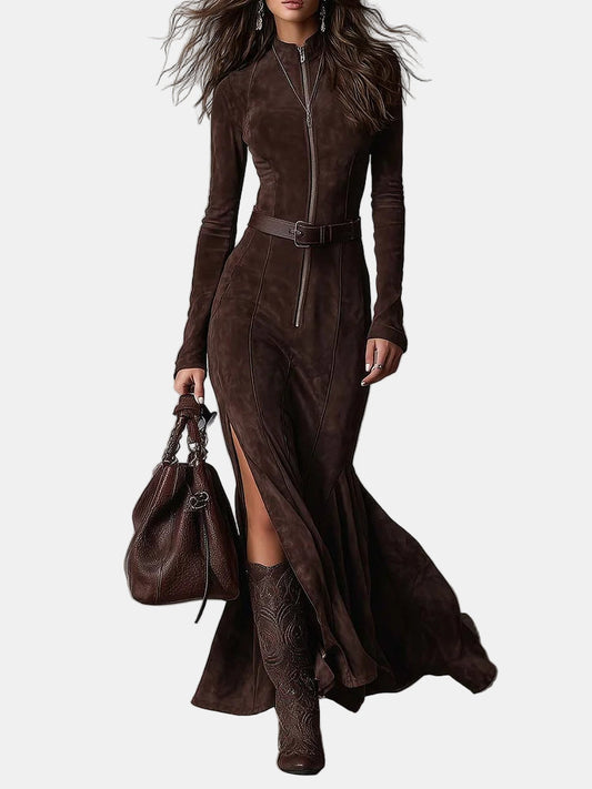 Brown suede zip-front long-sleeve dress with waist belt and front slit