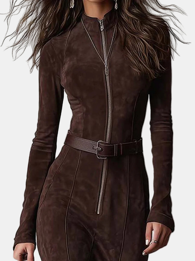 Brown suede zip-front dress with stand collar and waist belt