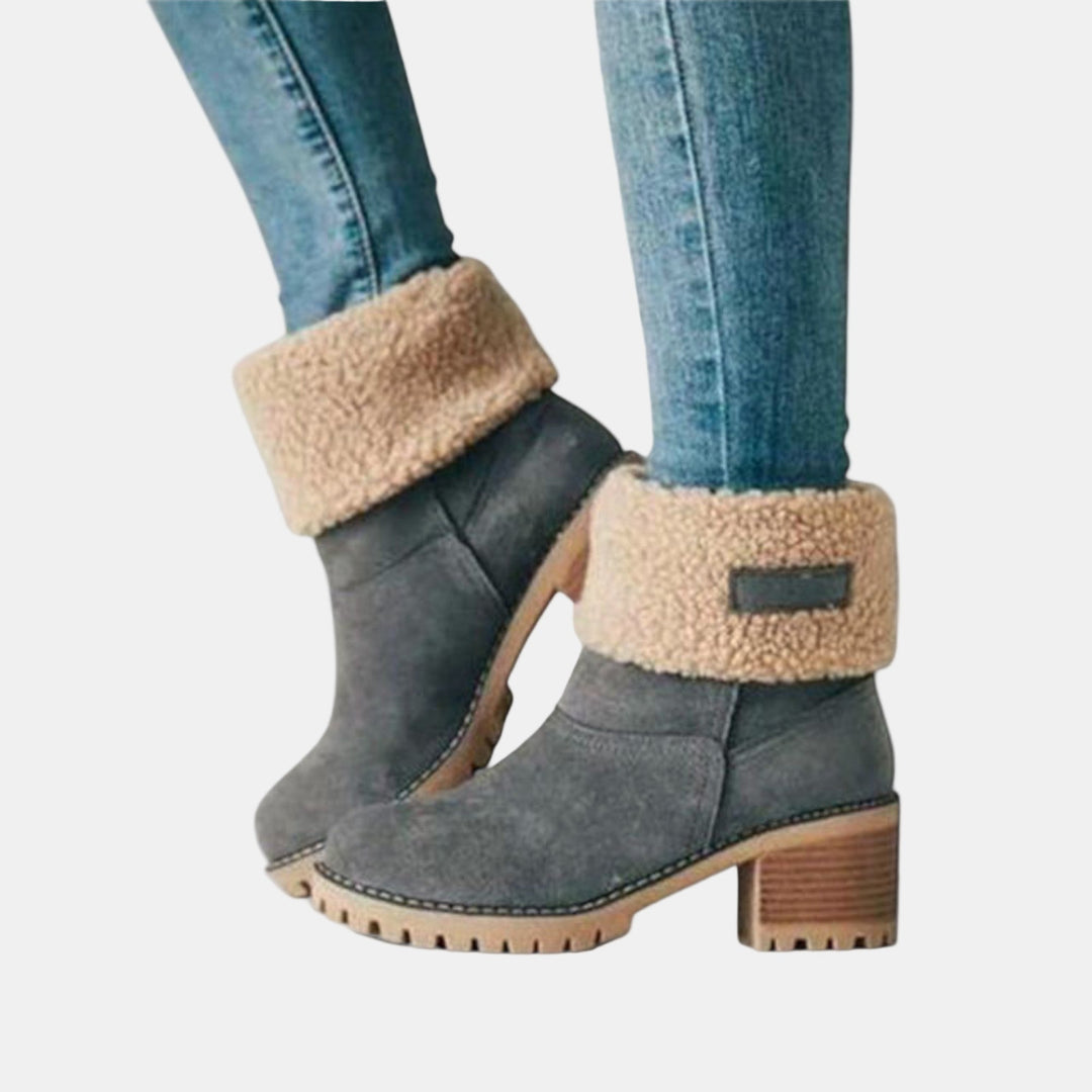 Dark gray suede casual boots with tan shearling cuff, block heel, treaded sole