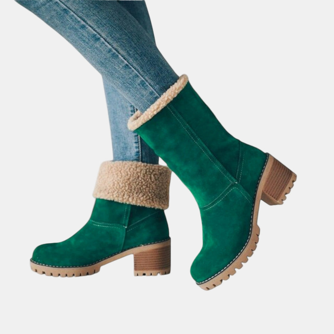 Green suede casual boots with tan shearling cuff, block heel, treaded sole