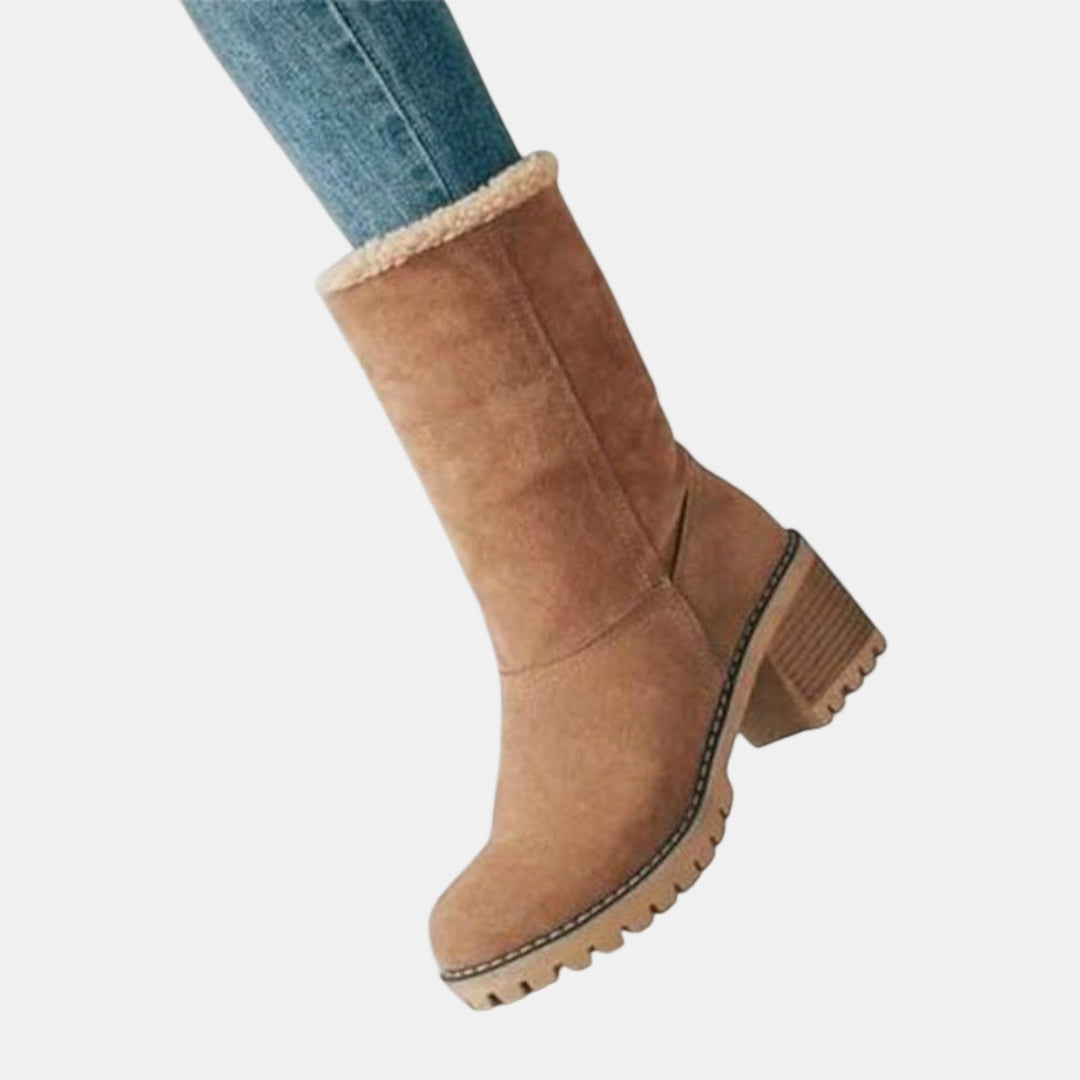 Khaki suede casual boots with tan shearling cuff and chunky block heel with tread sole